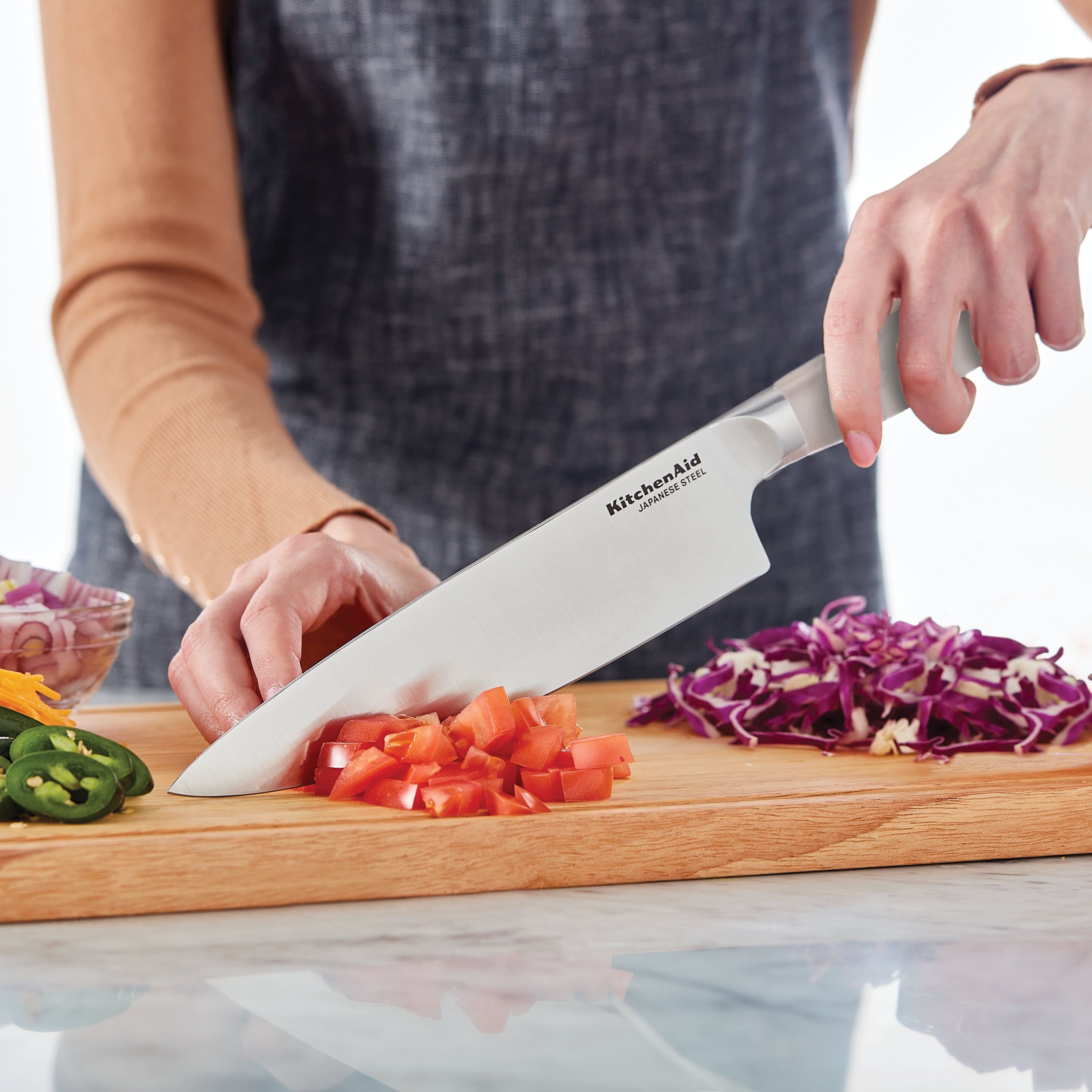 KitchenAid Gourmet Forged Chef Knife with Custom-Fit Blade Cover, 8-inch, Sharp Kitchen Knife, High-Carbon Japanese Stainless Steel Blade, Milkshake