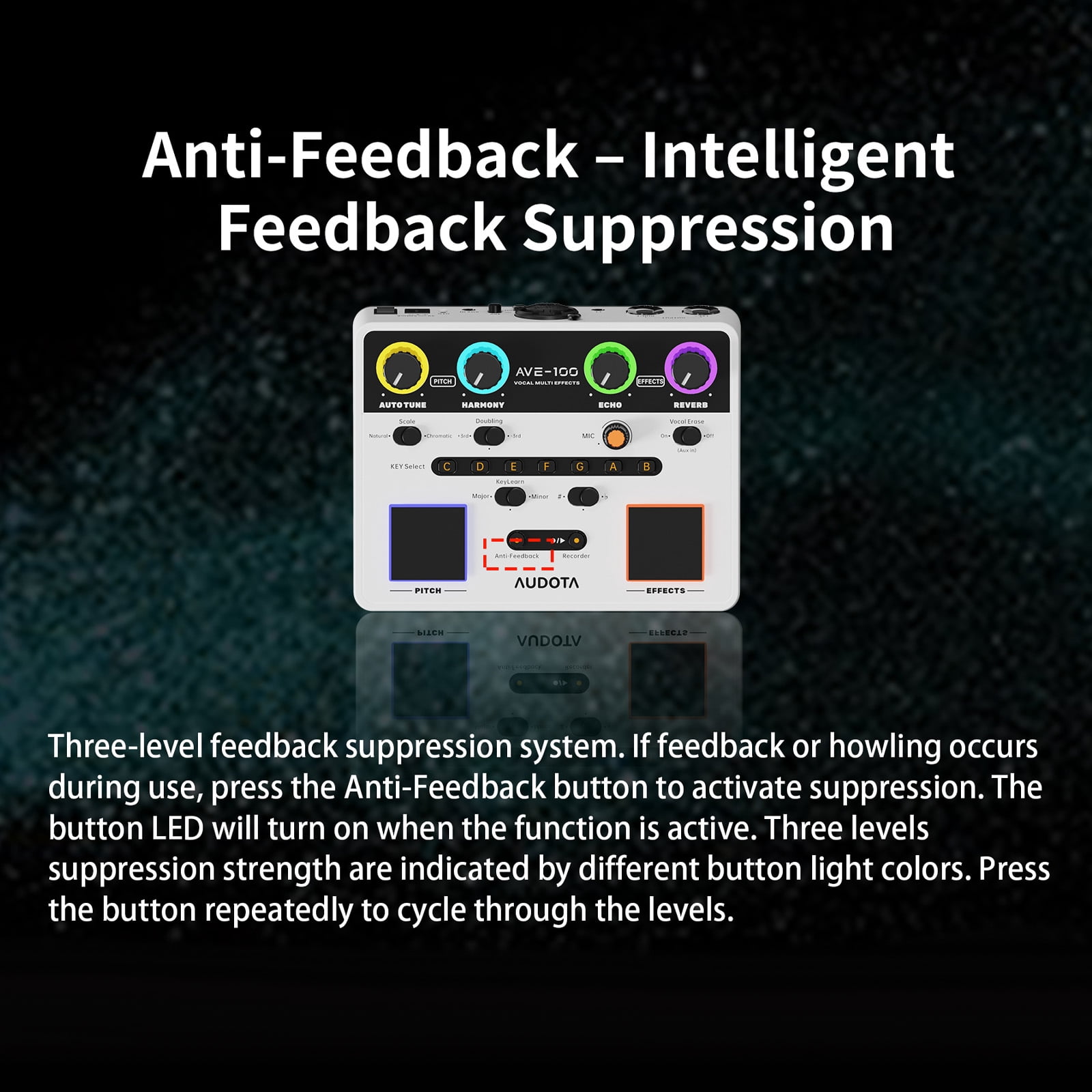AUDOTA AVE-100 Vocal Multi-effects Processor with Reverb Delay Pitch Correction Three Harmony Modes Automatic Key Detection and Vocal Cancellation Function