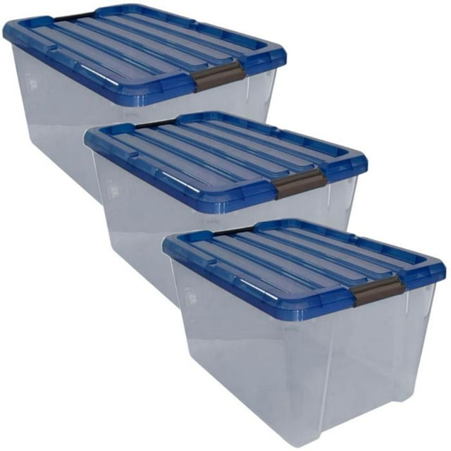 Contenedor Resistente VentDepot BoxPlus 3 Pzas 42kg 58x55x40cm Apilable Polietileno Color Transparente/Azul