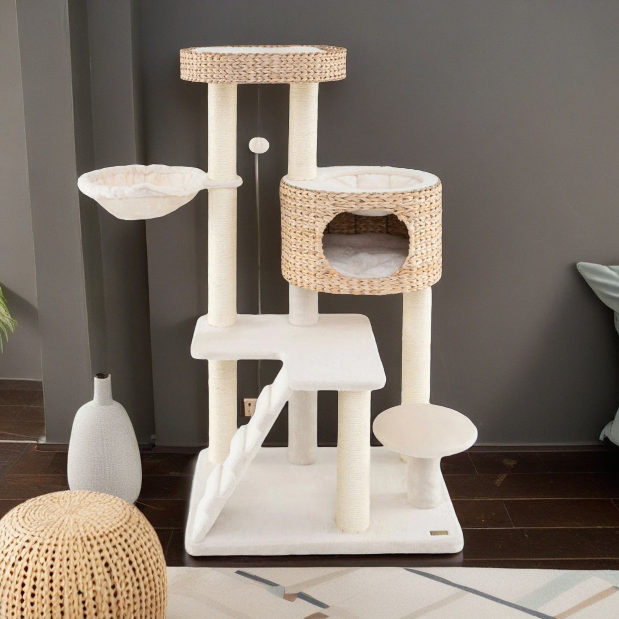 resenkos 50" Modern Cat Tree Tower for Indoor Cats with Cattail Fluff Condo and Top Perch, White