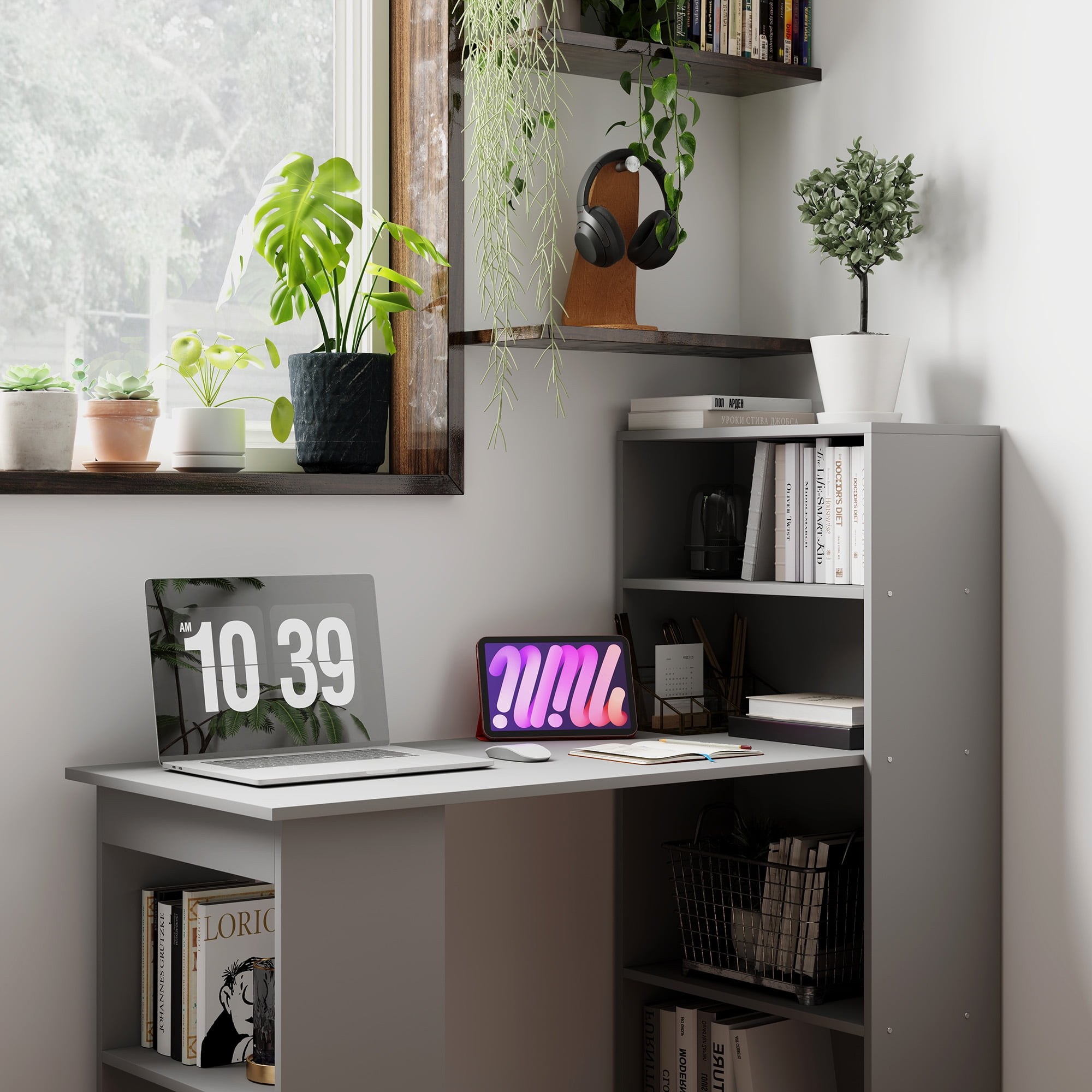 HOMCOM Modern Compact Computer Desk with 6-Tier Storage Shelves, Writing Table Workstation with Bookshelf for Home Office, Gray