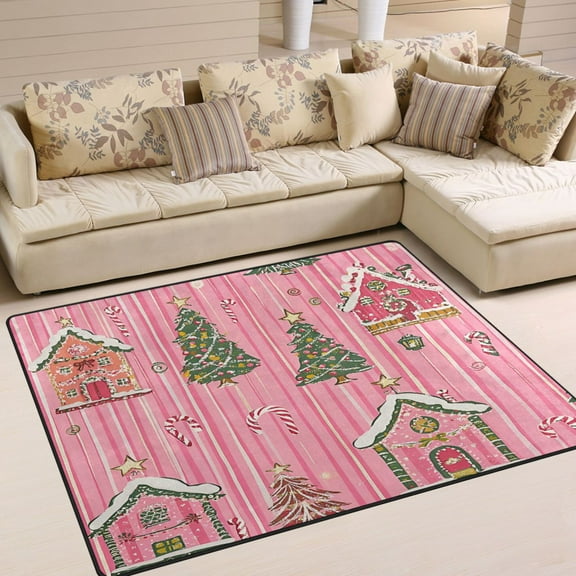 Yayeee Area Rugs for Living Room 5.2'x4' Non Slip Washable Bedroom Floor Carpet, Pink Gingerbread House