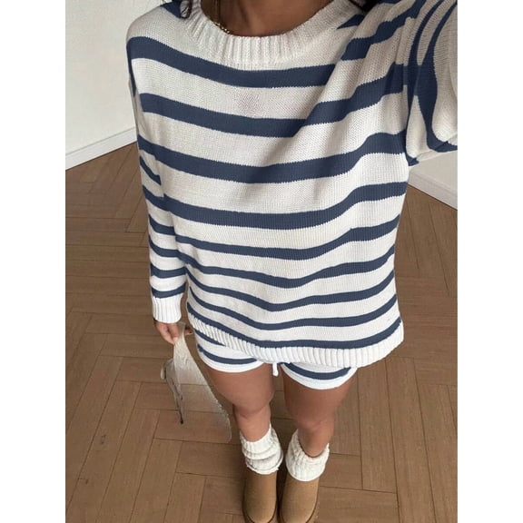 Women's Cute 2 Pieces Set Striped Color Long Sleeve Knitted Sweater Top Shorts Drawstring Travel Casual Spring Autumn Outfits Clothes Fall