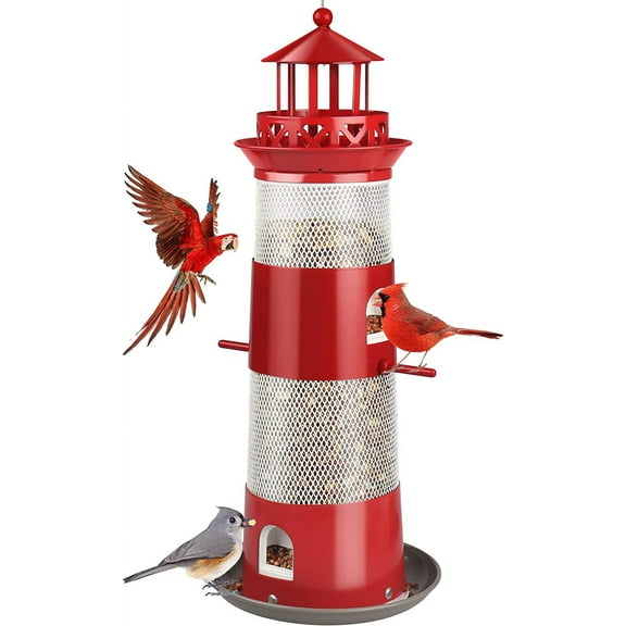UPSKY Outdoor Metal Birds Feeders, Hanging Bird Seed Feeder with 4 Feeding Ports, 13 Inch, for Sparrow and Wild Birds, Red