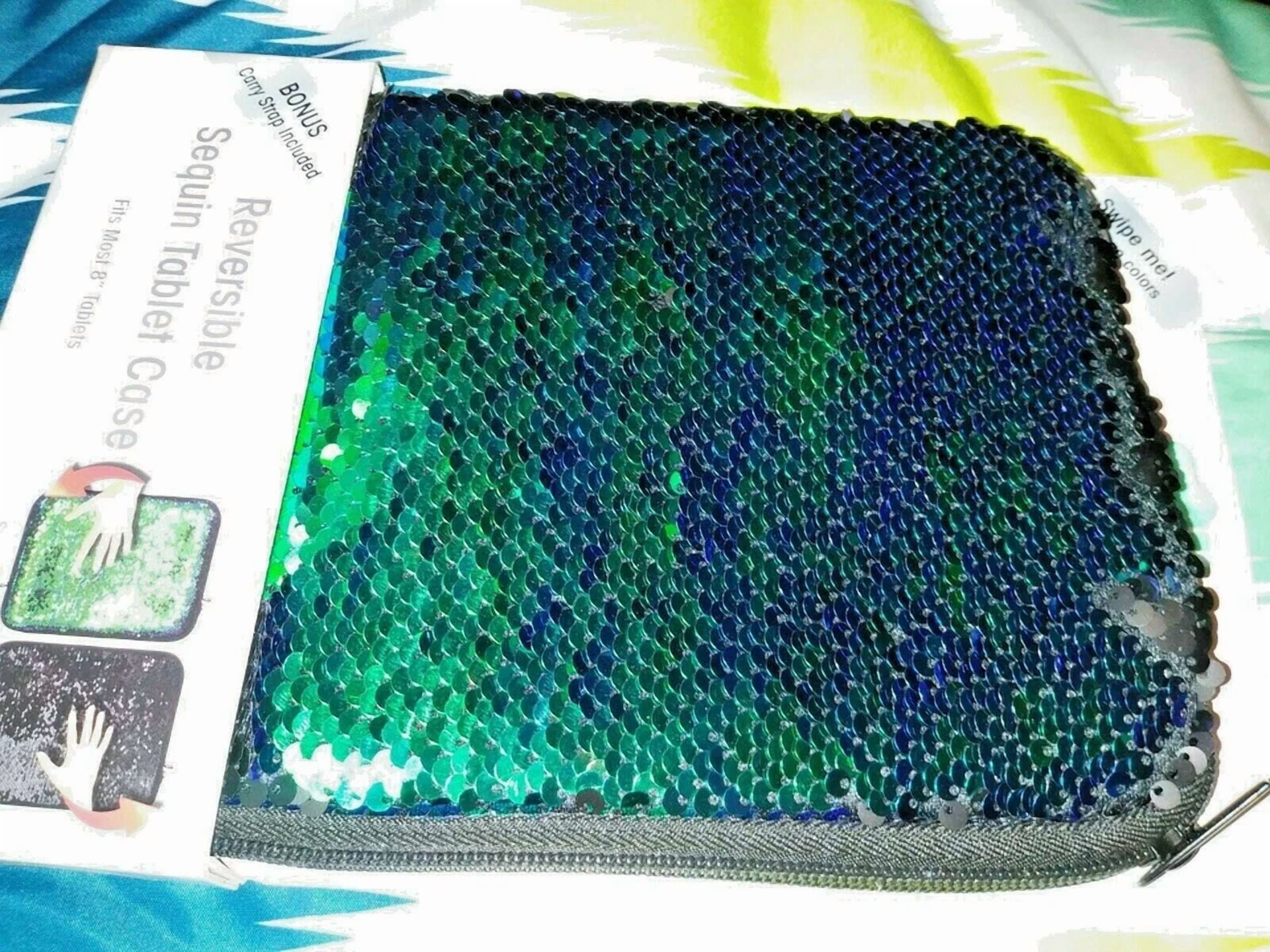 BUTTERFLY- New Reversible Sequin Case With Strap - Fits Most 8" Tablet - Cosmetics - Purse