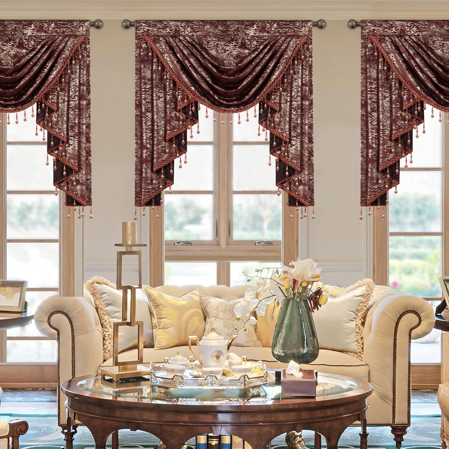 VOGOL Modern Waterfall Valance for Bedroom, Red Textured Stripe Print Velvet Curtain with Beaded Tassels, Rod Pocket Design, 43x39 Inches, 1 Piece
