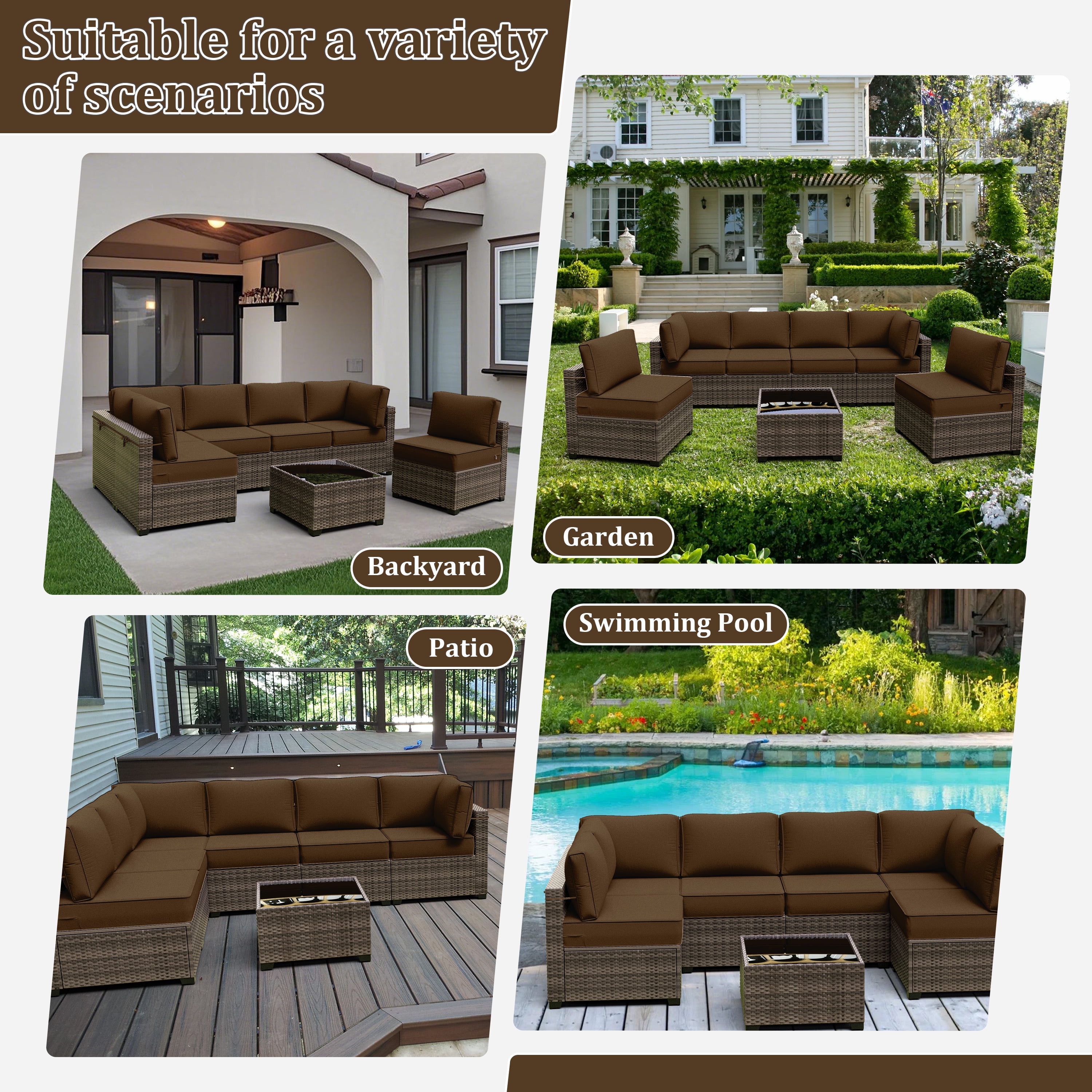 Snubbull 14 Piece 26" x 26" Patio Cushion Covers Replacement, Outdoor Patio Wicker Sofa Washable Cushion Slipcovers with Zipper, Chocolate