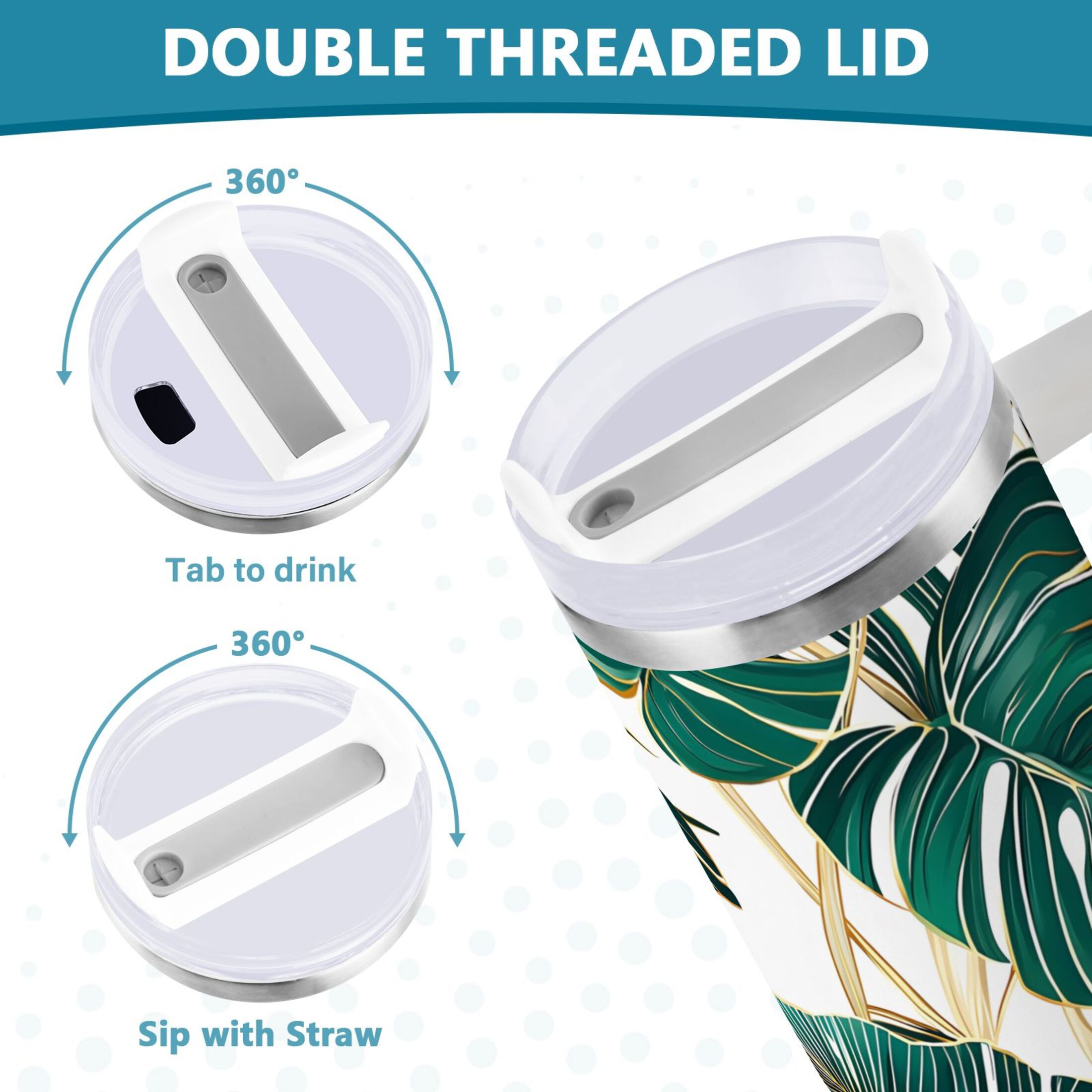 Ryvnso 40 oz Tumbler with Handle and Straw Tropical Leaves Green Insulated Stainless Steel Travel Mug with Lid