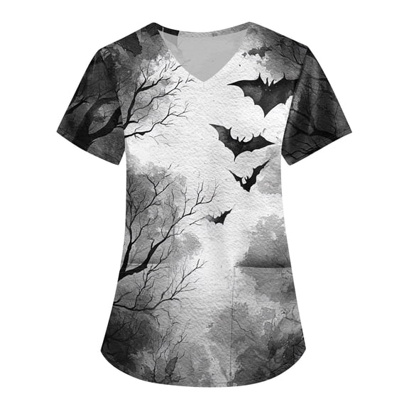 Halloween Womens Scrub Tops V Neck Funny Halloween Ghost Pumpkin Printed Spooky Scrubs Horror Short Sleeve Scrub Shirts Nursing Workwear Medical Nurse Uniform with Pockets,5XL