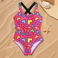 thumbnail image 4 of Cowsor 8-13Y Kids Heart Print Sleeveless Crew Neck Spaghetti Strap One Piece Swimsuit Triangle Brief with Chest Pad UV Protection Swimwear for Big Girls, 4 of 7