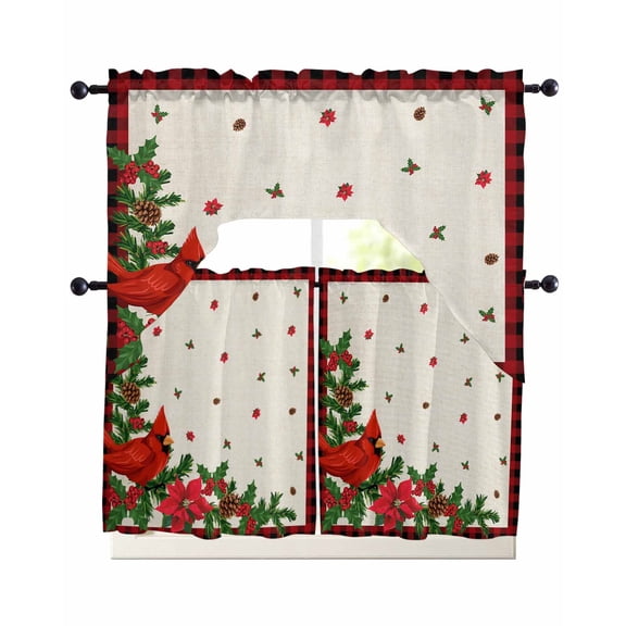 Christmas Cardinal Swag Kitchen Curtains Sets for Windows 24 Inch Length, Winter Xmas Poinsettia Holly on Linen Short Window Curtain Panels Swags Valances and Tiers 3 Piece Set for Cafe/Dining Room