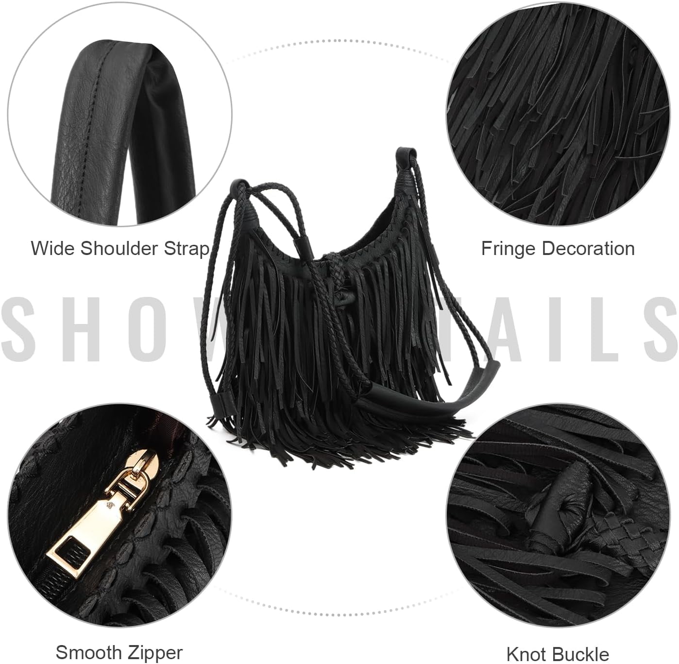 Vintage Fringe Hobo Bag for Women Black Fringe Purse Fringe Satchel Tassel Bag Fringe Shoulder Bag