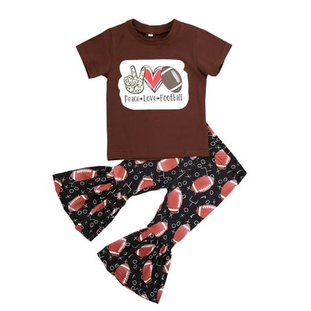 

GWAABD Summer Dresses Outfits Coffee Cotton Blend Children Clothing Love Peace Football Brown Short Sleeves Pants Toddler Girls Outfits Kids Clothing Baby Girl Clothes 90