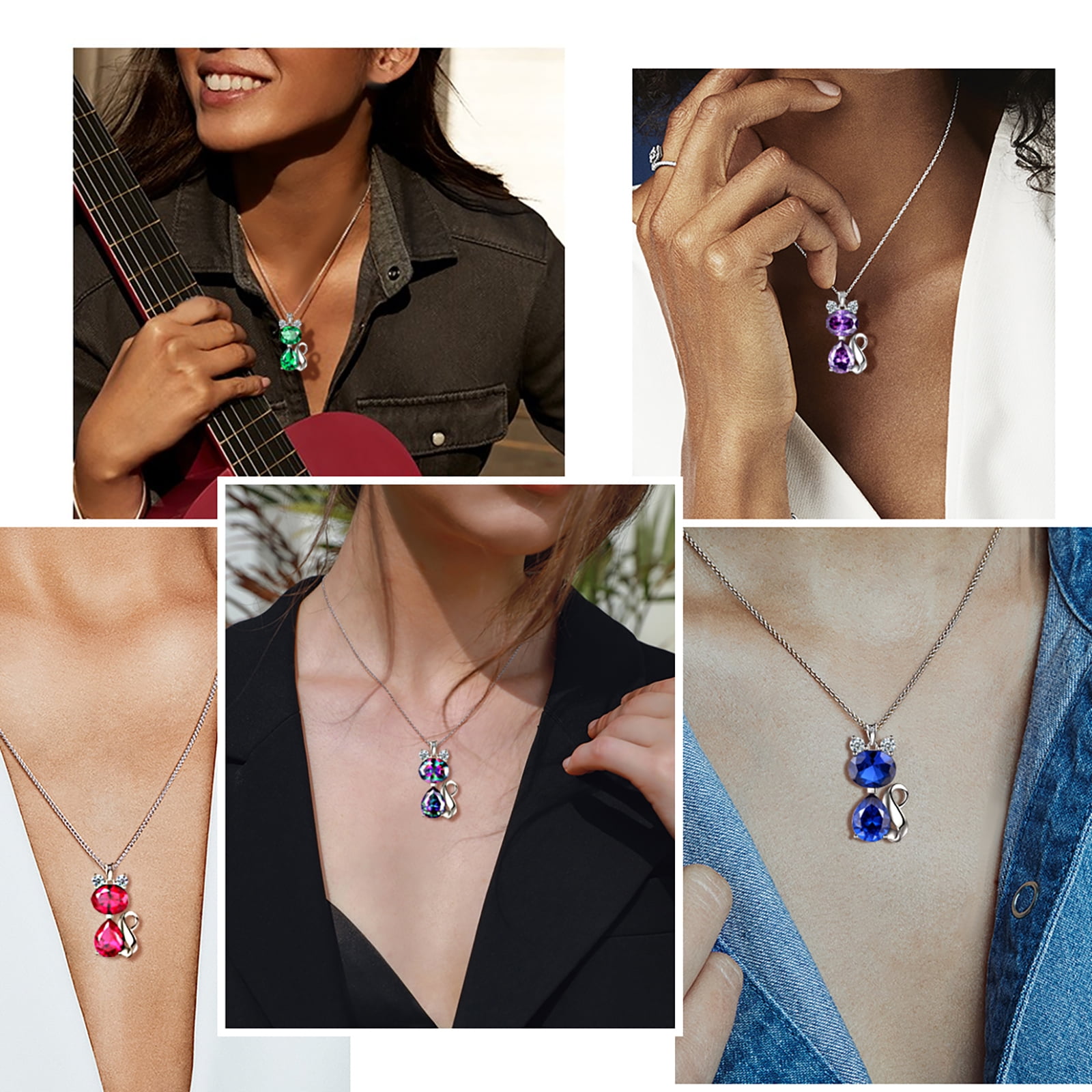 Juwaliy Cat Necklace 925 Sterling Silver Pendant Crystal Rainbow Mystic Topaz Necklaces Jewelry Women Daughter Wife Mother Christmas Birthday Gift