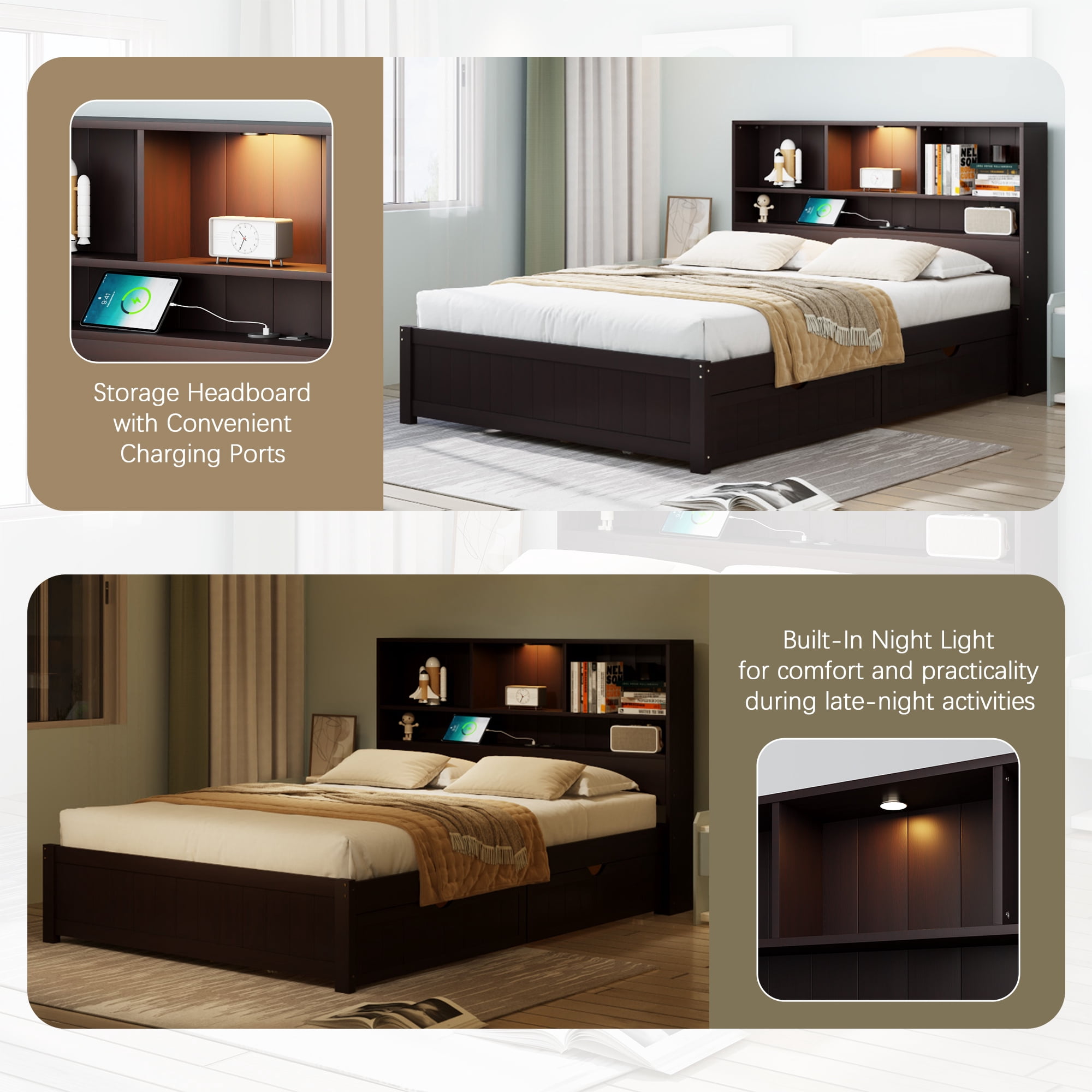 Euroco Wood Twin Size Platform Bed with Storage Headboard and Drawers, LED Light and USB Charging, Espresso