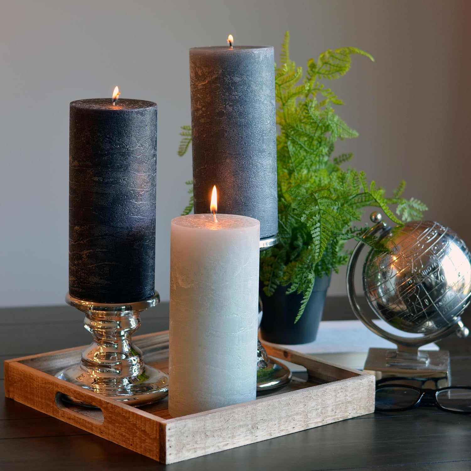 3 Piece Pillar Candle Set, Paraffin Wax, 145 Hours Burn Time, Cotton Wick, Shades of Marbled Pale, Medium and Dark Grey, Cotton Wicks, 7.75 Inches