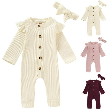 

YOUI-GIFTS Newborn Baby Girl Long Round Collar Romper Jumpsuit Headband Clothing for Infant Toddler