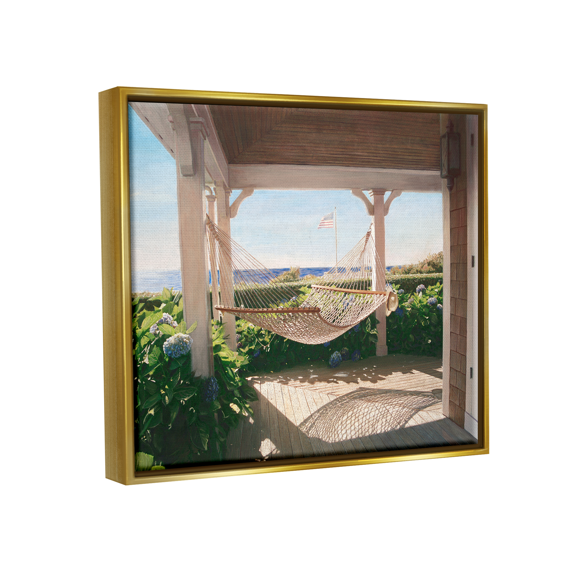 Stupell Industries Tranquil Hammock Warm Sunlit Porch Rural Garden Painting Metallic Gold Floating Framed Canvas Print Wall Art, Design by Tom Mielko