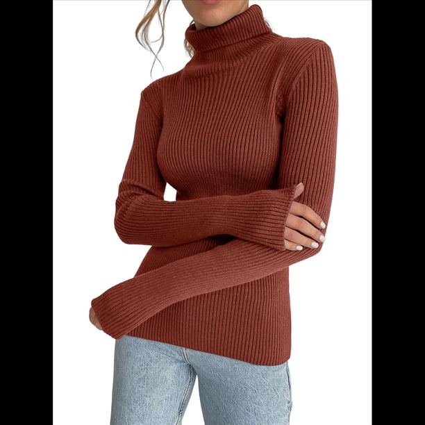 Suéteres Acanalados para Mujer, Lindos Suéteres de Punto de Cuello Alto, Ajustados y Cálidos Color Caramelo un Tamaño
