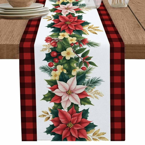 nqOlkjepod Christmas Poinsettia Table Runner 108 Inches Long Farmhouse Dress Scarves, Winter Xmas Buffalo Red Black Plaid Dining Tablerunner for Coffee Table/Kitchen Island/Party Décor, 13" x 108"