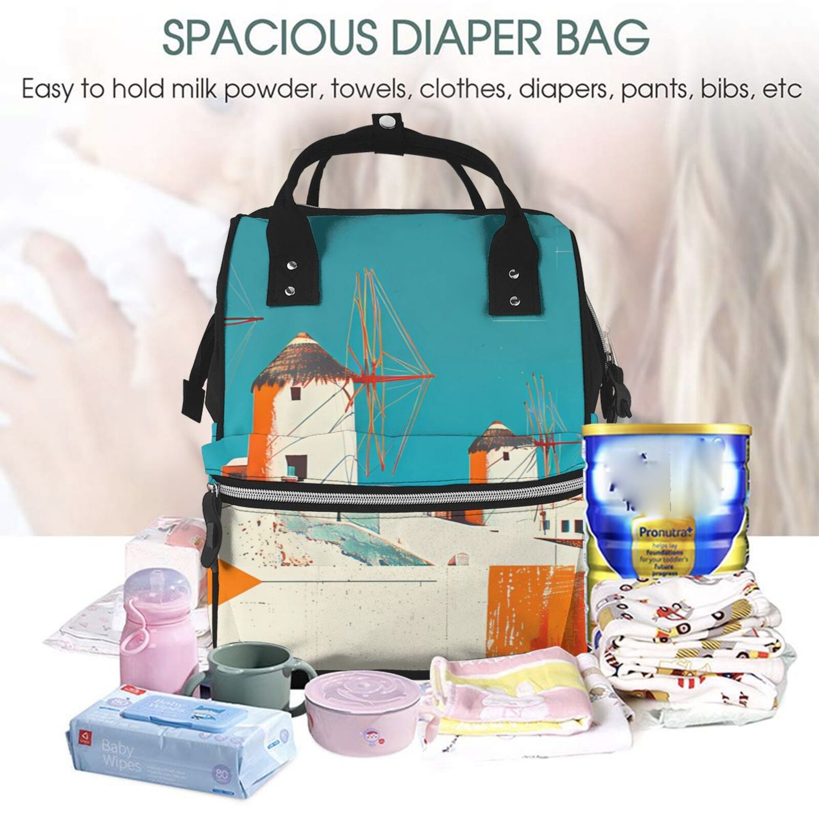 Fuzoiu Colorful Greek Windmills Print Diaper Bag Backpack,Baby Essentials Travel Tote,Multi function Waterproof Diaper Bag, Travel Essentials Baby Bag - Unisex