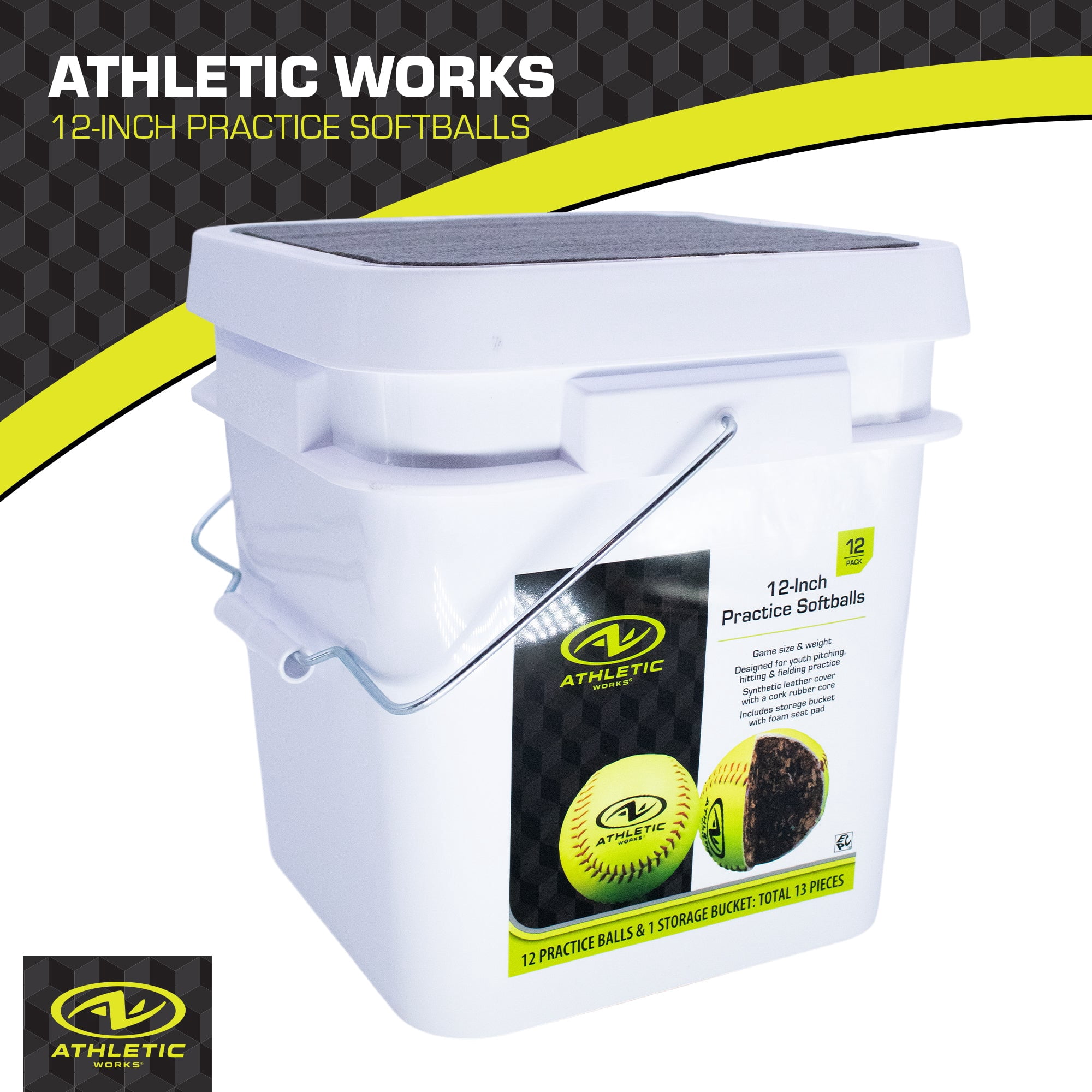 Athletic Works 12-inch Fastpitch Softball Bucket – 1 Dozen Leather Softballs in a Plastic Bucket
