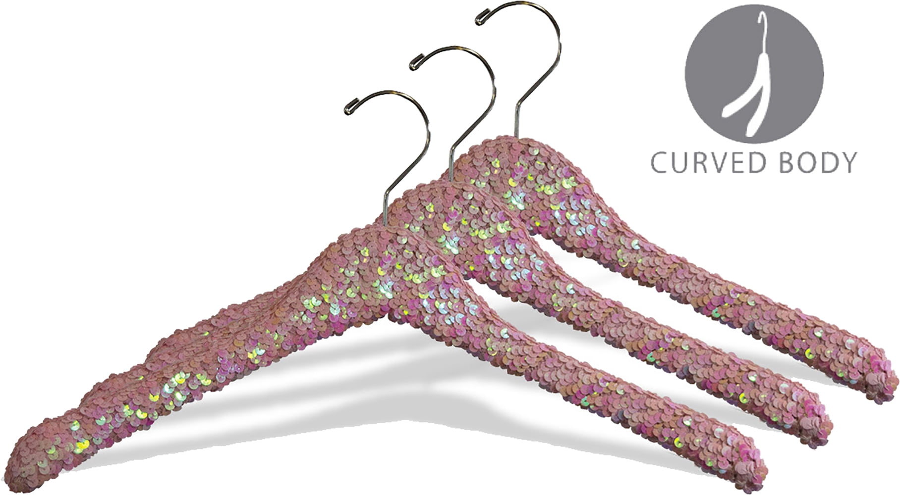 International Hanger Curved Pink Sequined Solid Wood Top Hanger, 360-Degree Swivel Hook, Decorative Sequin Covered Wooden Hanger for Shirts, Jackets, Dresses, Bridal - 3 Pack