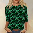 thumbnail image 2 of Camiseta de Halloween de manga 3/4 para mujer: camiseta informal con estampado espeluznante de calabaza, murciélago y telaraña, 2 of 5