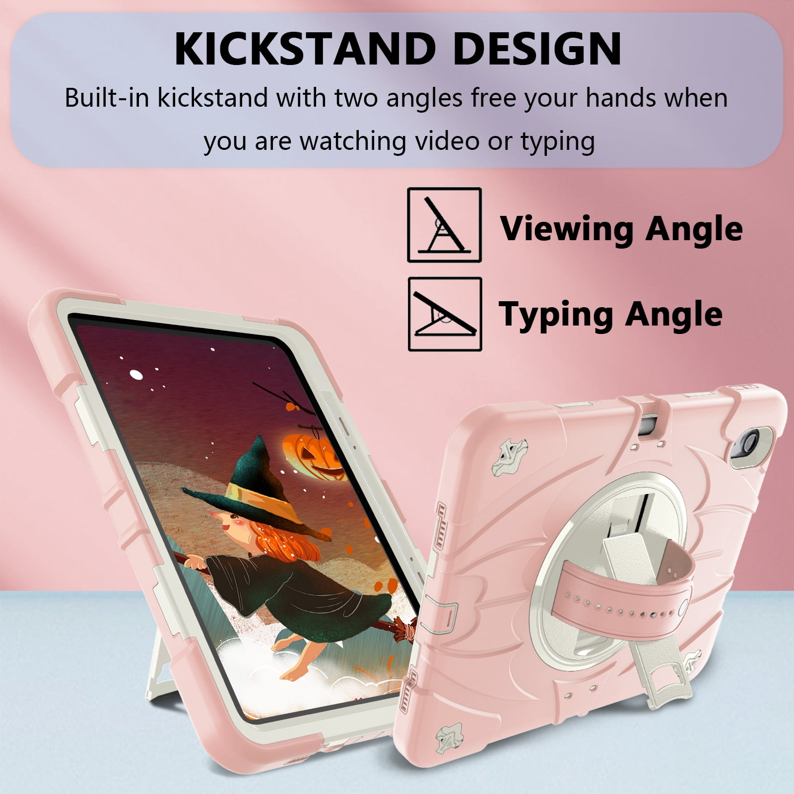 ELEHOLD Case for Apple iPad Air 11 (2024), Heavy Duty Shockproof Case with Pencil Holder/Stand/Hand Strap/Shoulder Belt, Rugged Protective Cover for Boys Girls,Pink