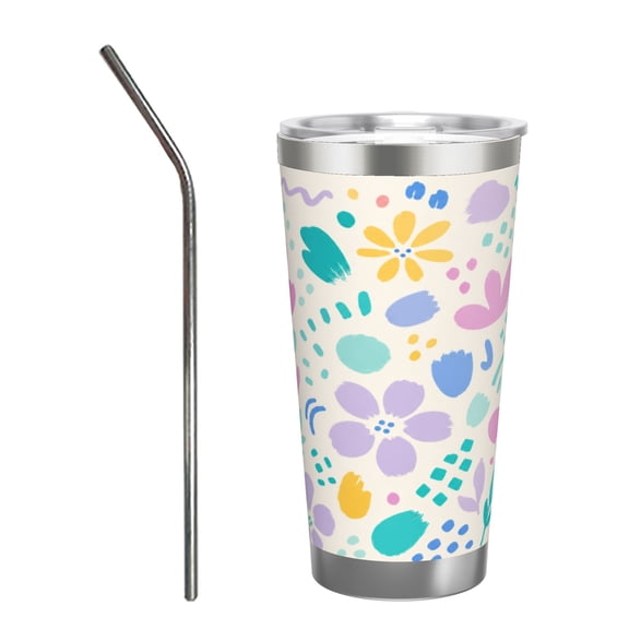 20oz Pastel Abstract Floral Brush Insulated Tumbler with Handle and Straw Travel Cup Car Cup with Stainless Steel Straw