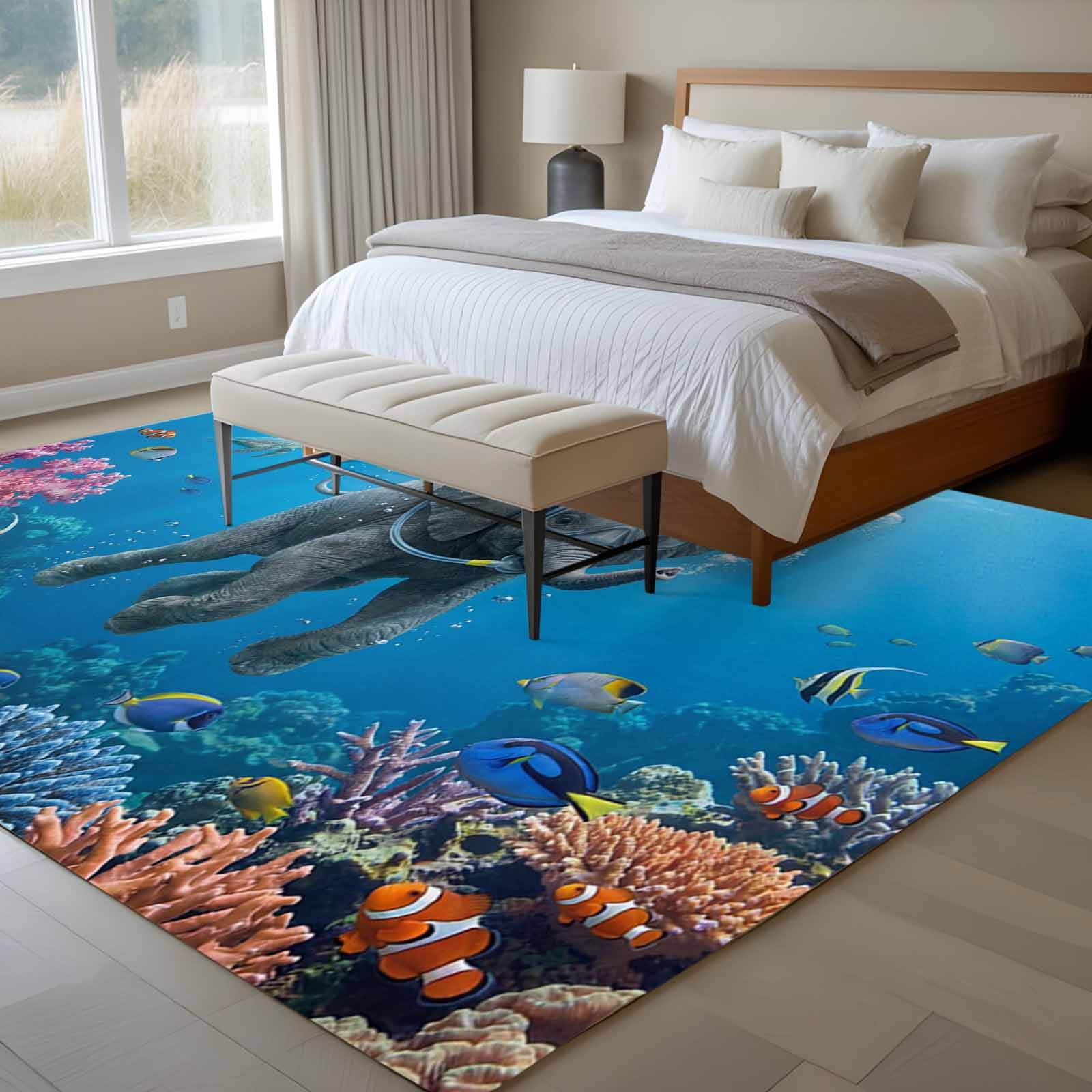 6x9 Area Rugs for Living Room, Ocean Diving Elephant Non Slip Area Rugs for Kitchen Bedroom Entryway, Blue Coastal Coral Fish Marine Life Washable Carpet Runner Rug Floor Mats for Bedroom Home Decor