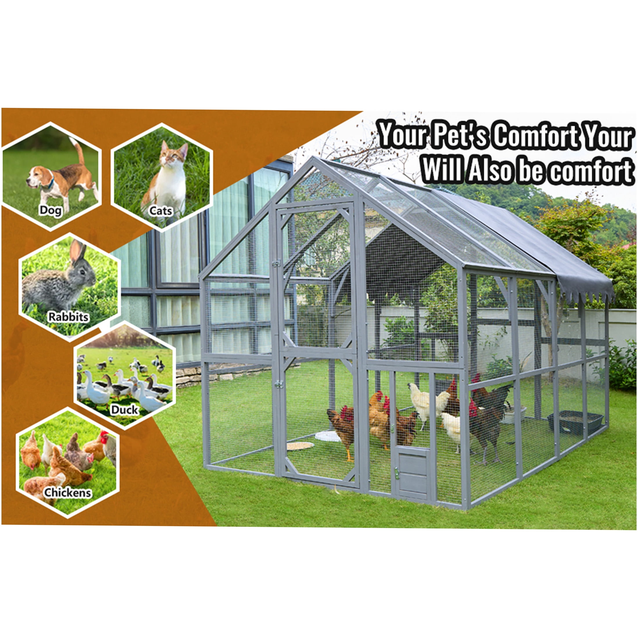 JERFIT Large Outdoor Cat Enclosure with Waterproof Cover, 110" Wooden Chicken Coop & Catio Playpen for Indoor Outdoor Cats, Kittens, Small Animals