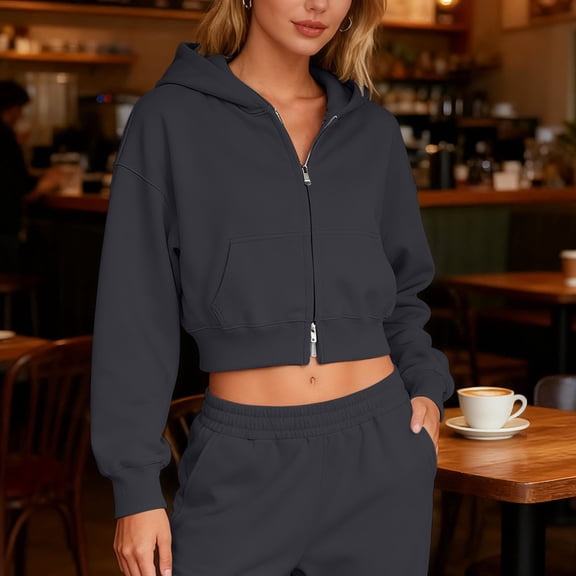 YueHuiYing Women's Solid Color Casual Sports Short Double Layered Hooded Long Sleeved Sweatshirt Casual Zipper Jacket