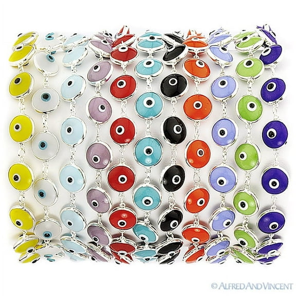 Evil Eye Glass Bead 10mm Bezel Bracelet in .925 Sterling Silver - Solid Colors