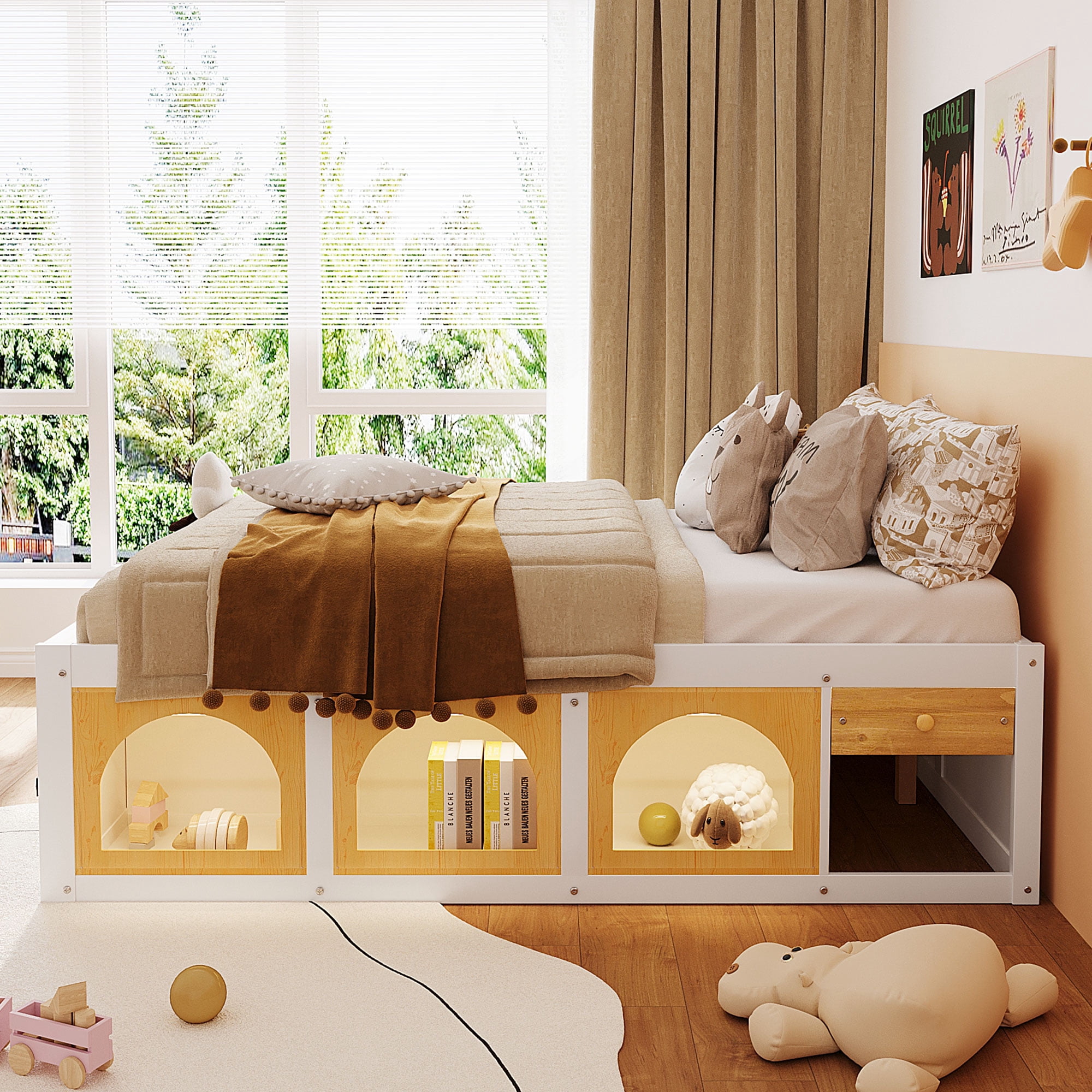Mintazer Modern Full Size Bed with Bookshelf and 3 Open Cubbies & Drawer, Platform Bed Frame with LED Light for Kids Bedroom, Natural & White