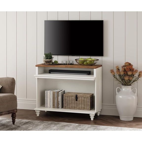 WAMPAT Meuble Télé pour Télé de 43 Pouces, Petite Console Multimédia avec Rangement, Table en Bois pour Salon, Tablette pour l'Organisation, Blanc&Chêne
