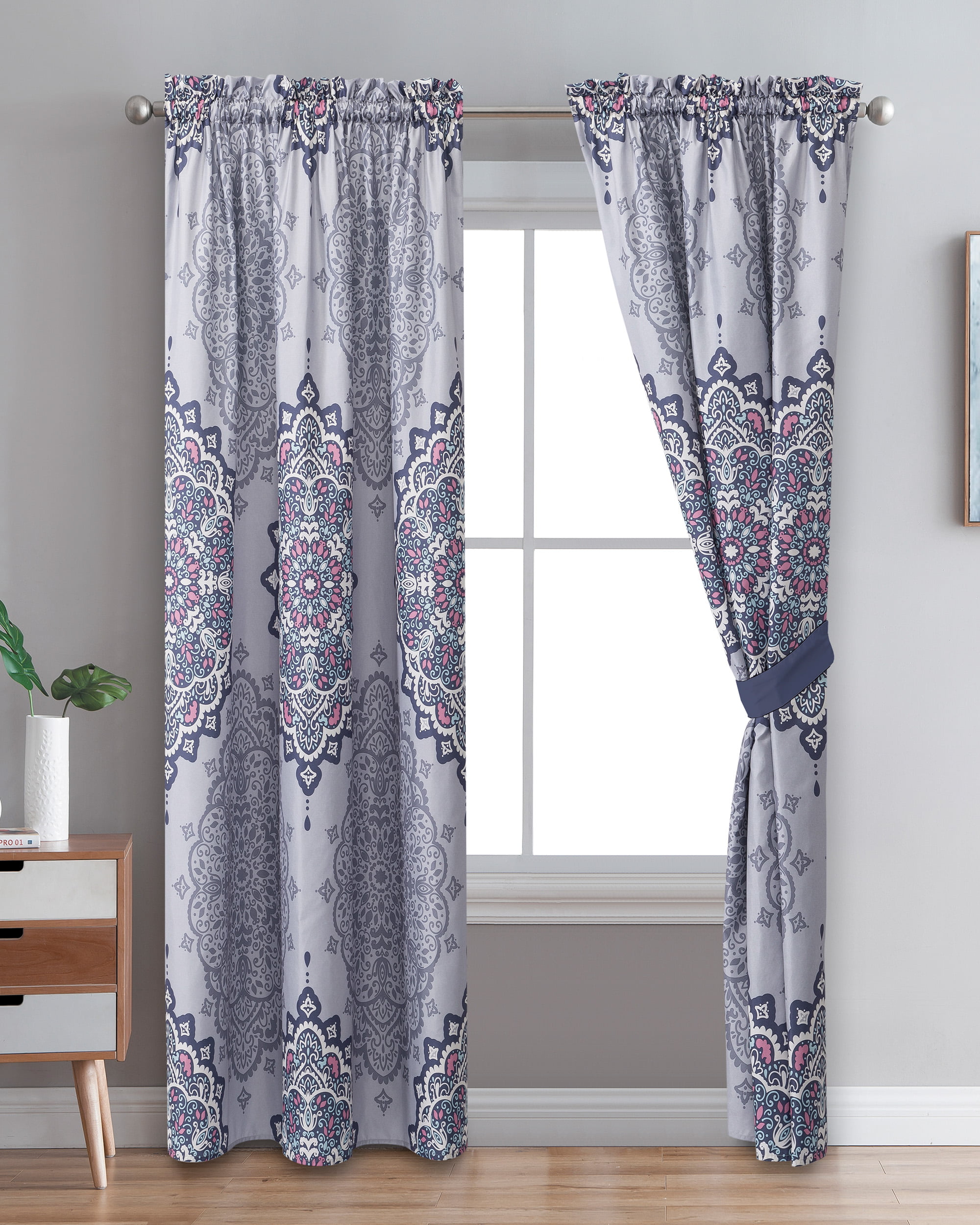 Teal Damask Floral Thermal Dim Out Ready Made Pair Of Ring Top Eyelet Curtains 