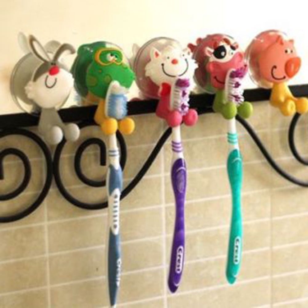 5 Pcs Cartoon Animal Silicone Toothbrush Holder Wall Bathroom Hanger Sucker Cup 