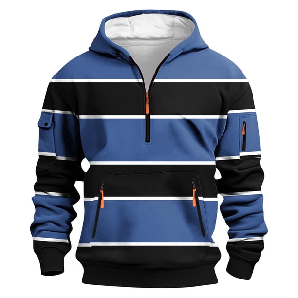Dolkfu Sudadera con capucha a rayas para hombre, sudadera con cremallera 1/4 y múltiples bolsillos, sudadera deportiva para hombre. S