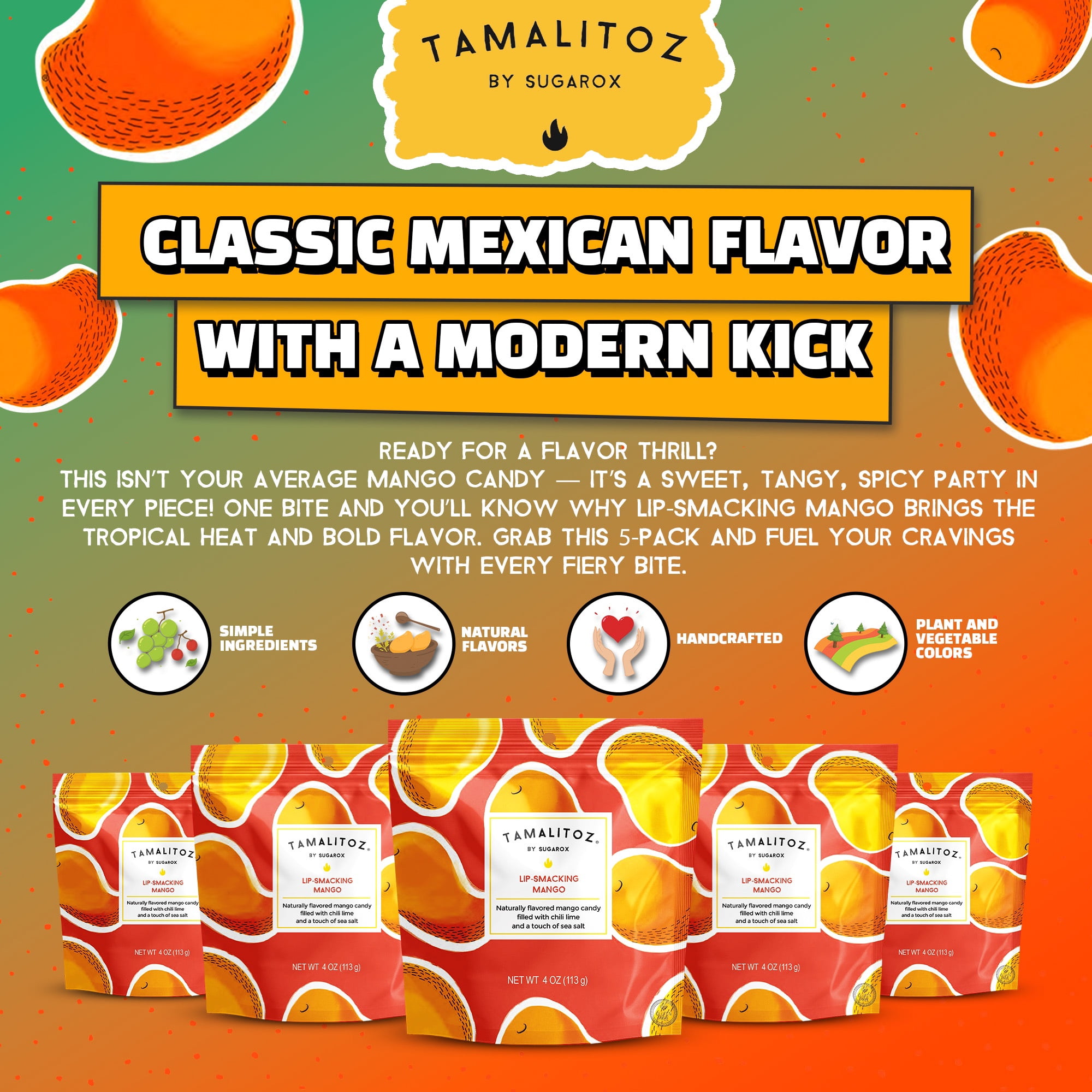 Tamalitoz Lip-Smacking Mango – Spicy Mango Mexican Hard Candy Filled with Chile, Lime & Sea Salt Center, Handcrafted Fruit Candy, Gluten-Free, Kosher, No Artificial Colors – 5 Bags (4oz Each)