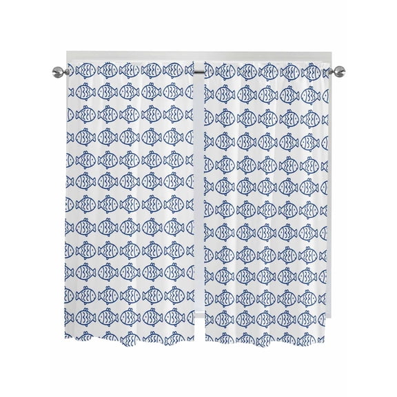 Ocean Blue Fish Living Room Curtains 2 Panel, Summer Fishing Coastal Nautical Simple Cafe Window Treatment, Extra Long Farmhouse Bedroom Bathroom Kitchen Curtains Drapes 104"x72"