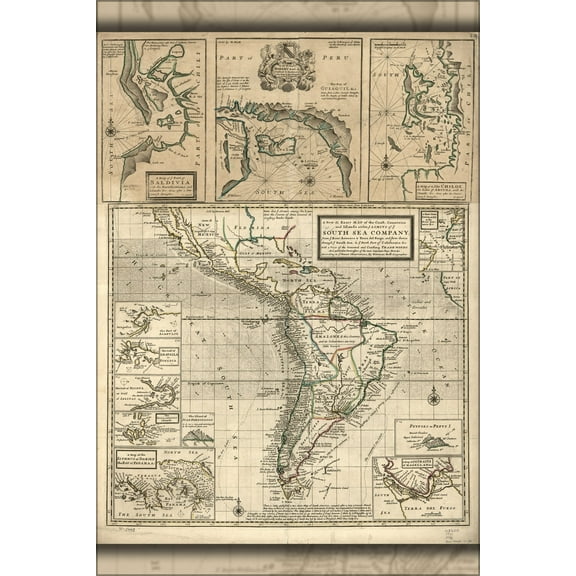 24"x36" Gallery Poster, map of ye South Sea Company south america 1711
