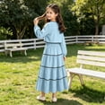 thumbnail image 6 of ZACPNCV Girls Elegant 2 Piece Skirt Set Long Sleeve V Neck Bow Front Top and Tiered Long Skirt Set Casual Spring Girls Suit 7-8Years Sky Blue, 6 of 9