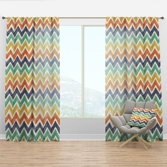 Designart 'Retro Chevron In Orange Yellow and Blue' Mid-Century Modern Curtain Panel