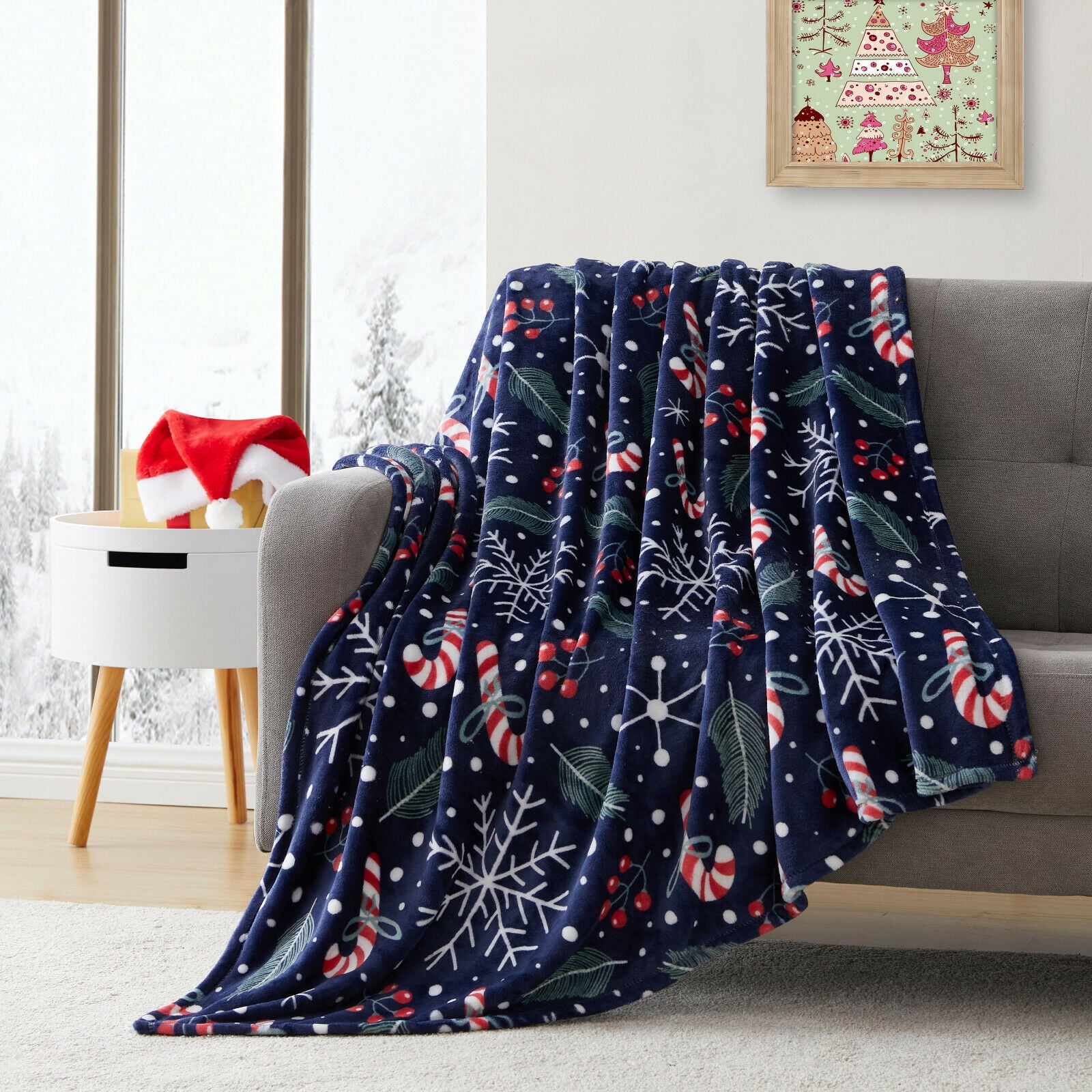 Cozy Plush for Indoor and Outdoor Use Lunarable Candy Cane Soft Flannel Fleece Throw Blanket Cane Hearts on Blue Christmas Winter Elements Sweets and Sugar 50 x 70 Vermilion Pale Blue