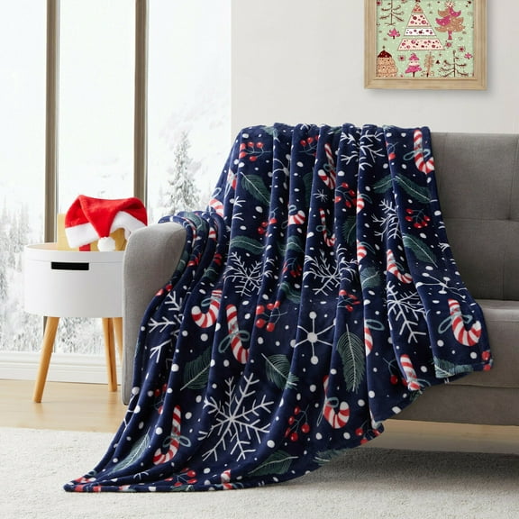 Kate Aurora Christmas Candy Canes & Snowflakes Ultra Soft Navy Throw Blanket