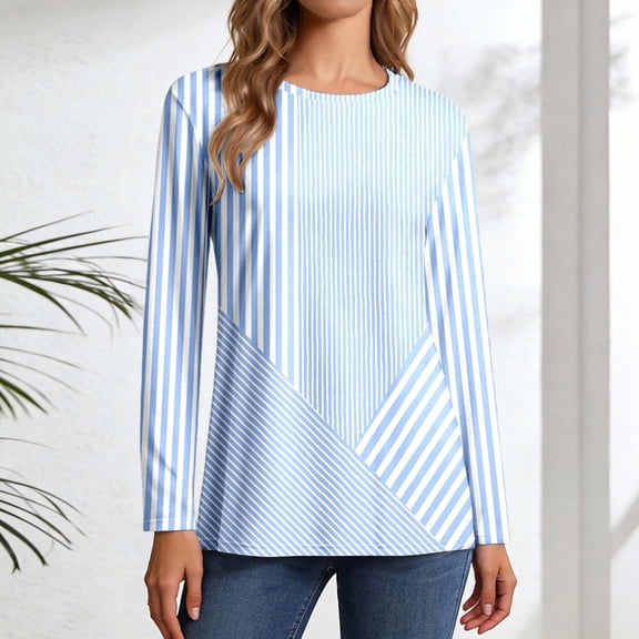 Tshirt Women Crewneck Long Sleeve Striped Tee Elegant Casual Womens Blouse Light Blue L