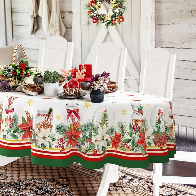Oval Christmas Tablecloth 60 x 120In,Christmas Poinsettia Snowflake Holiday Decoration Tablecloth,Polyester Waterproof Wrinkle-Resistant Durable Christmas Tablecloth for Kitchen,Winter and Home Decor