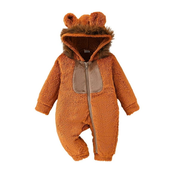 LIIPEE Girls Boys Plush Onesie Cartoon Animal Long Sleeve Hooded Zip Up Fuzzy Jumpsuit Baby Casual Outdoor Plush One-Pieces,Brown,6-12 Months