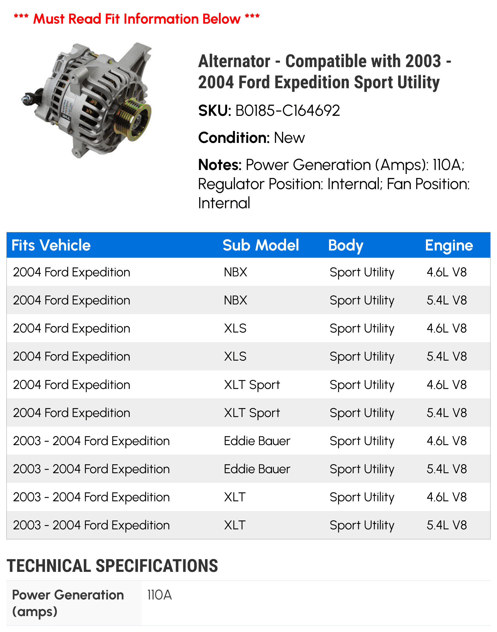 Alternator - Compatible with 2003 - 2004 Ford Expedition Sport Utility